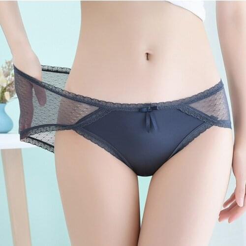 Sexy Satin Lace Women Panties Mid-waist Cotton Crotch Wrap Hip Light Mesh Gauze Hollow See-through Triangle Briefs Ladies