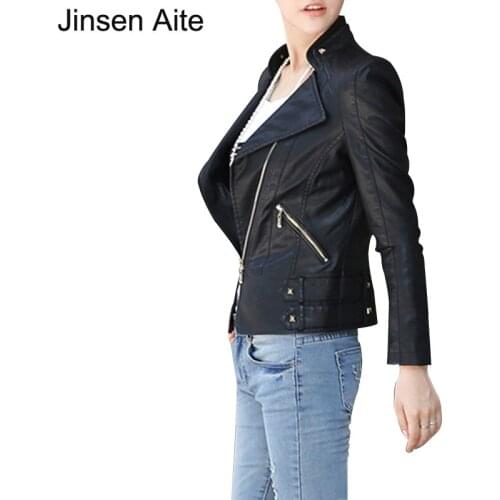 Jinsen Aite New Fashion Autumn&Spring Women Brand Faux Soft Leather Jackets PU Blazer Zippers Casual Slim Motorcycle Coat JS364