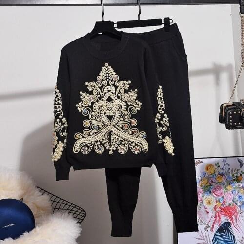 Great quality diamond beading knit suits female heavy industry beading flower long sleeve sweater + pants two pieces sets F168