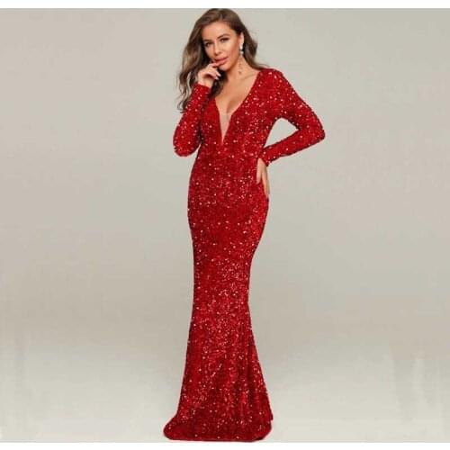 Free Ahipping Autumn And Winter Wholesale Womens Black Red Long Sleeve Sequins V-Neck Sexy Celebrity Cocktail Party Long Dress