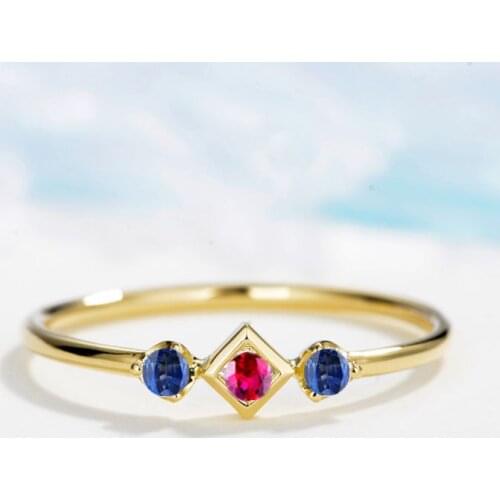 Solid 14k Yellow Gold Ring Natural Ruby Sapphires 3-Stones Engagement Ring For Women Wedding Band Fine Jewelry Classic