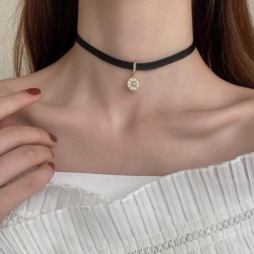 925 Sterling Silver Black Leather Star Round Bead Pendent Necklace For Women Girls Party Punk Jewelry Choker Collar dz115