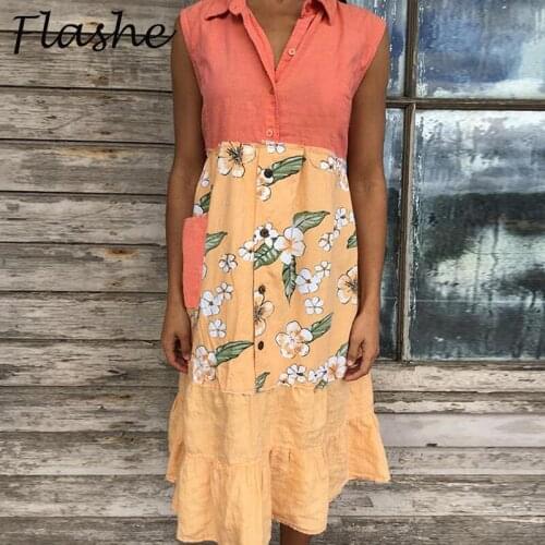 Dress 2021 Summer Vacation Style Flower Printed Dresses For Women Sleeveless Turn Down Collar Female Party Dress Plus Size