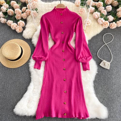 Korean Style Women Knitted Dress Stand Collar Puff Sleeve Elastic A-line Dresses 2021 Autumn Fashion Streetwear Sweater Dress