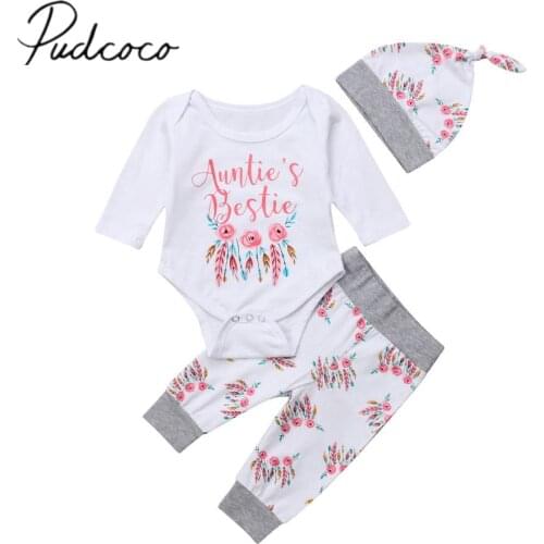 2018 Brand New Infant Kids Baby Girls Boys Clothes 3PCS Print Long Sleeve Cotton Romper+Leggings Pants+Hats Autumn Winter Outfit