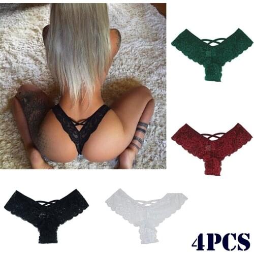 4PC/Set Sexy Women Lace Flowers Low Waist Breathable Underwear Sexy Panties G-string Lingerie Thongs underpants Lingerie Set