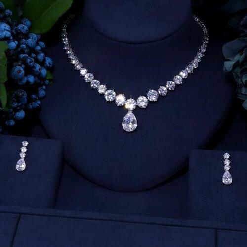 Luxury brilliant cubic zirconia Clear zirconia waterdrop and cirrus fashion style wedding bridal earring necklace jewelry set