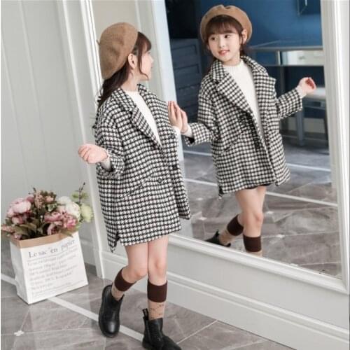 New 2020 Girls Winter Woolen Coat Childrens Fashion Thickened Medium-Long Lapel Letter Embroidery Houndstooth Overcoat 110-160