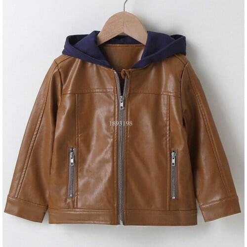 2021 Children Korean Fashion Hooded Short Leather Jacket Handsome Boy Motorcycle Jacket Spring And Autumn Kids Leather Tops