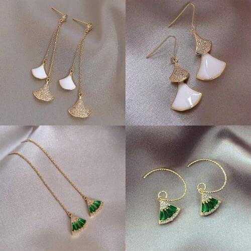 Elegant Gold Plated Crystal White Black Green Sector Leaf Tassel Drop Earrings For Women Wedding Fashion Jewelry Gift