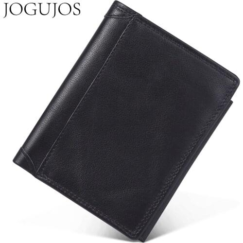 JOGUJOS Genuine Leather Man RFID Wallet Crazy Horse Leather Men Wallet Stitching Black Coin Purse Money Credit Card Holder Purse