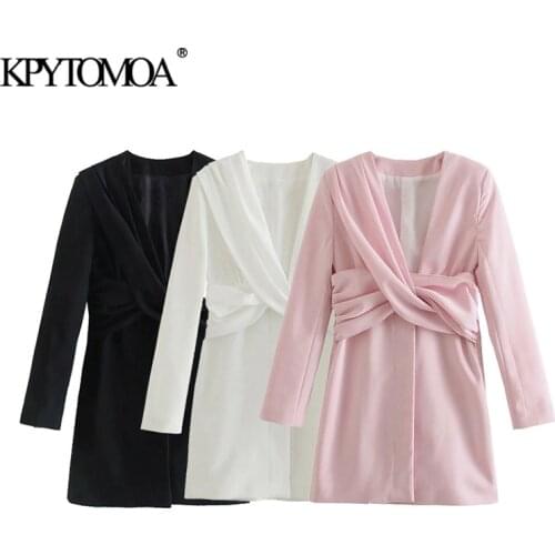KPYTOMOA Women 2021 Chic Fashion With Knot Draped Mini Dress Vintage Long Sleeve Side Zipper Button-up Female Dresses Vestidos