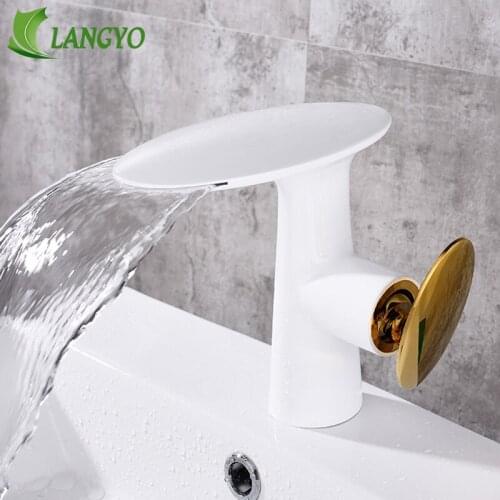 Brass waterfall basin faucet White golden Bathroom hand washing basin faucet mixer Hot and cold water basin faucet tap
