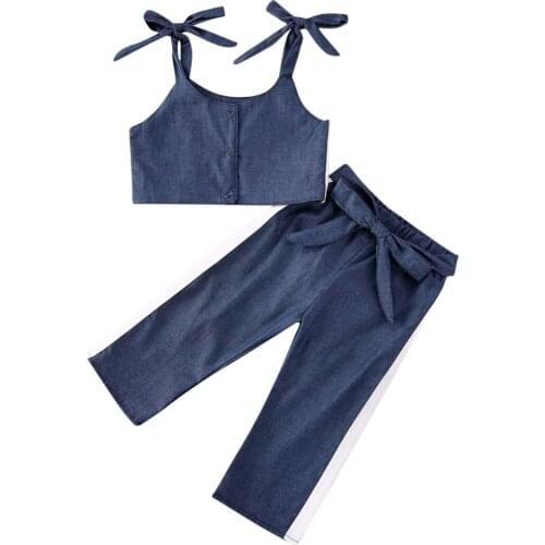 Toddler Baby Girls Summer Suspender Vest Trousers Denim 2-Piece Set Side White Stripes Sleeveless Lace-up Bow Blue Pants