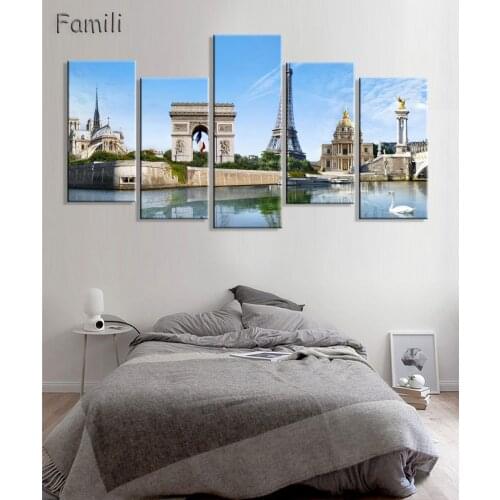 Modular Canvas Pictures Living Room Wall Art Decor 5 Pieces Paris Painting HD Prints Landscape Poster