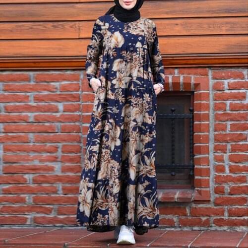 Muslim Fashion Dresses Abaya Dubai Dress Women Vintage Flower Printed Maxi Vestidos Caftan Kaftan Long Sleeve Islam Clothing 5XL
