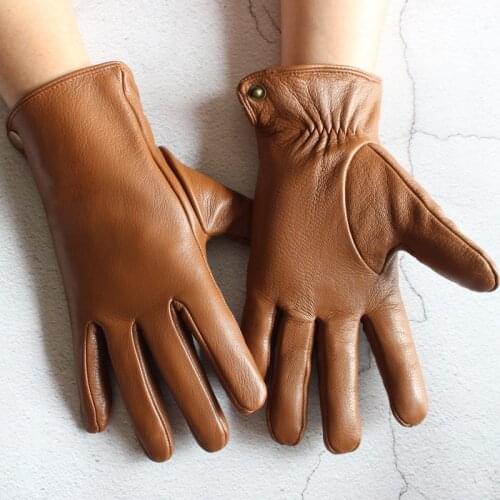 Mens deerskin gloves leather striped wool knit lining spring and autumn fashion snap button warm velvet lining gloves winter