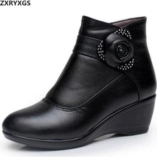 New Comfortable Warm Winter Boots Wedges Flower Genuine Leather Shoes Fashion Boots Mother Shoes Snow Boots Shoes Size 33-43
