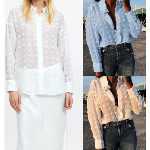 NEW Womens White/Blue Hairball Shirts Oversized Long Sleeve V Neck Shirt Top Blouse S/M/L/XL