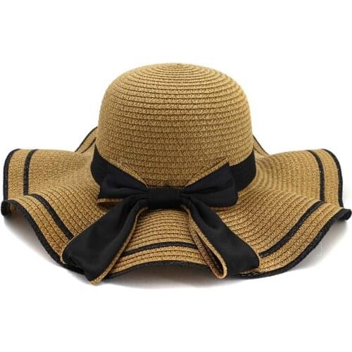 Womens summer straw hat Simple foldable bow sun hat imitation ultraviolet beach hat big brim hat outdoor travel knit hat