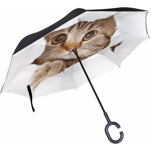 Handy C-Hook Hands Car Umbrella Windproof Cat Reverse Double Layer Inverted Umbrella For Women and Men