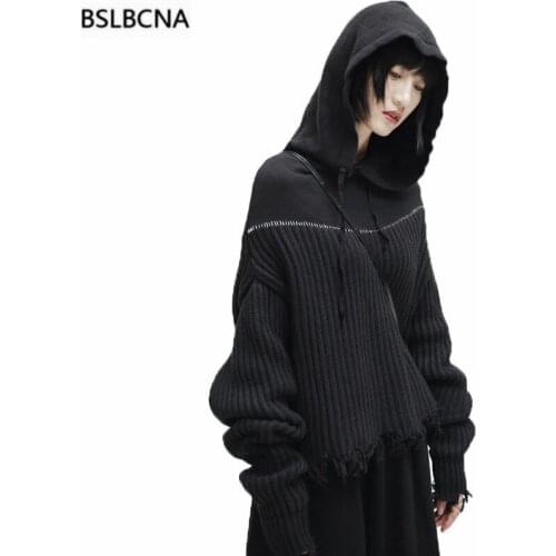 Vintage Casual Loose Thick Women Tops 2021 Autumn Winter Sweater Black Hat Clothes Stacked Sleeves Hooded Knite Pullover A560