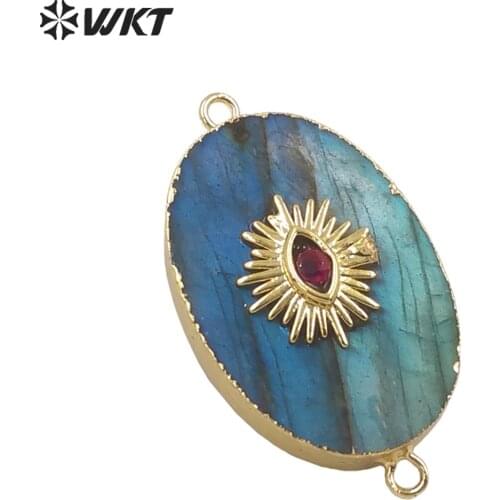 WT-MP200 Newest Fashion gold oval shape high polish Natural Labradorite stone connector, double loops eye charm pendant