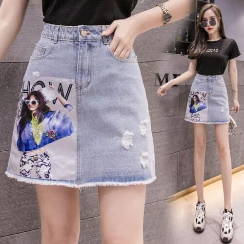 Denim Skirt Summer New Style High Waist Korean A-line Printed Nail Drill Washed Hole Bag Hip Skirt Female Mini Skirt