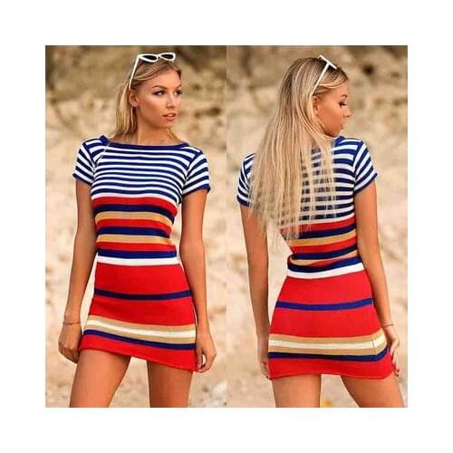 Womens Harajuku O-Neck Pullover Mini Short Sleeve Dress Sexy Slim Contrast Striped Knit Short Sleeve Dress Office Party Clothes