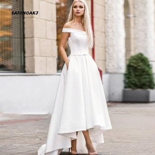 2020 Boho Wedding Dress for Women Pocket Hi-Lo Bride Vestido De Novia Satin Off The Shoulder Elegant Robe Mariage Online Shop