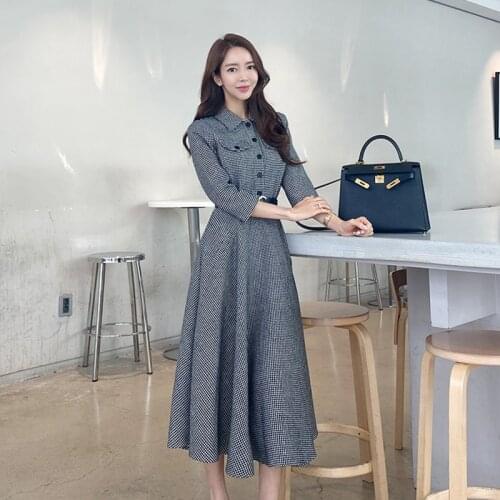 2021 New Winter New Korean Temperament Grace Casual Single breasted Gird your waist Slim Lattice Dress Lapel Pencil dress