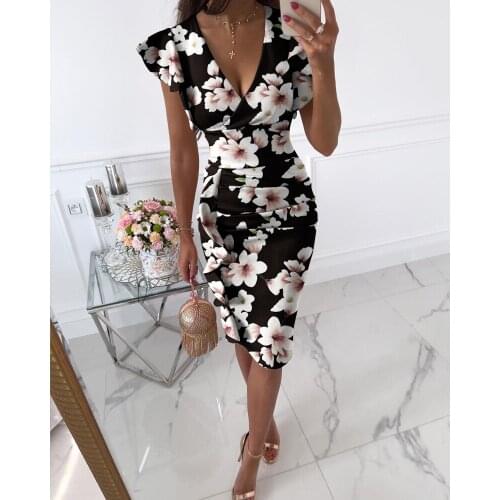 2021 New Fashion Women Floral Print Deep V-Neck Pleated Slit Dress Casual Short Sleeve Chic Party Bodycon Dresses Pre-Fall Wear