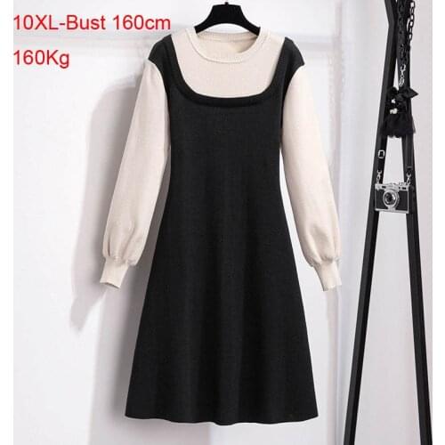 160Kg Oversized womens bust 160cm fake two-piece knitted sweater dress 6XL 7XL 8XL 9XL 10XL loose long sleeve black dress