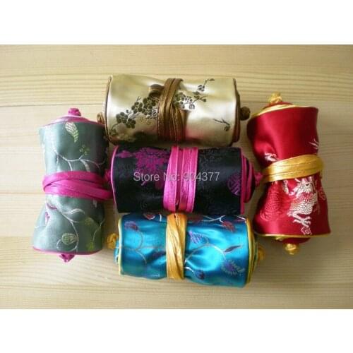 10pcs Fine Small Folding 3 Zipper Jewelry Set Travel Roll Bag Party Favor Chinese Silk Bocade Gift Packaging Pouches