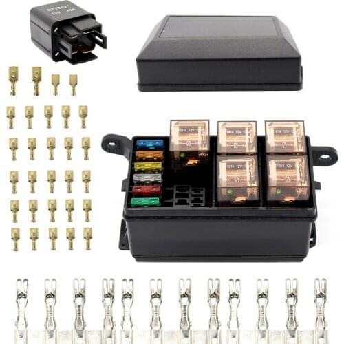 12-Slot Relay Box 6 Relays Slots 6 ATC/ATO Standard Fuses Holder Block with 6Pcs Relays, 6Pcs Fuses Universal for Automotive