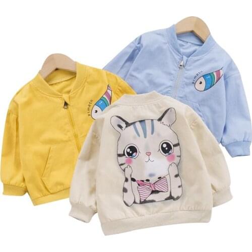 Kid Cartoon Cat And Fish Jacket Boy New Casual Outerwear Girl Spring Autumn Fashion Clothes Baby Stand Collar Zipper Cotton Coat