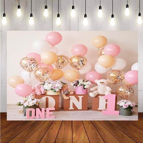 1st Birthday Photography Backdrop Princess Girls Happy Party Pink Balloon Baby Shower Photo Background Decor Banner Prop