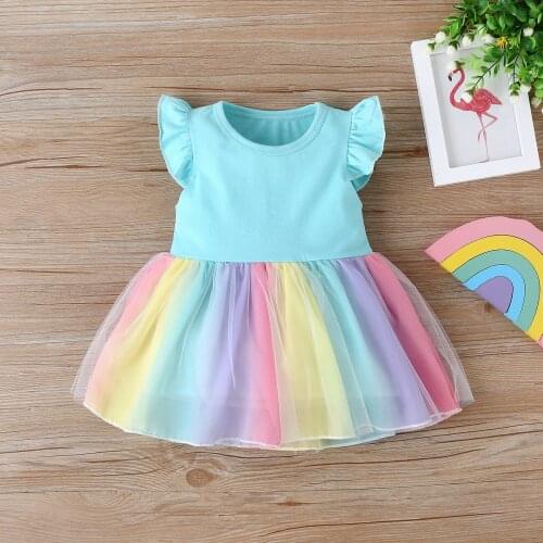 Baby Girl Dress Set Toddler Girl Sleeveless Multicolor Rainbow Ruffled Tulle Dress Dress Short Sleeve Summer Casual