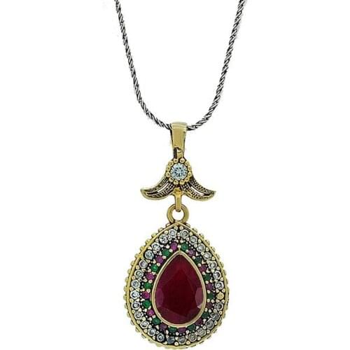 Red Ruby Cubic Zirconia Silver Drop Design Lady Necklace Hurrem Sultan Ring