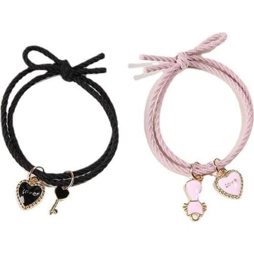 Hot Cartoon Magnetic Couple Bracelets with Cat Love Heart Pendant Cute Mutually Attractive Friendship Rope Gifts for Friend