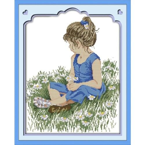Little Girl in the Meadow People Canvas Cross Stitch Kits 11CT Printed Embroidery DIY Handmade Needlework Wall Home Decor