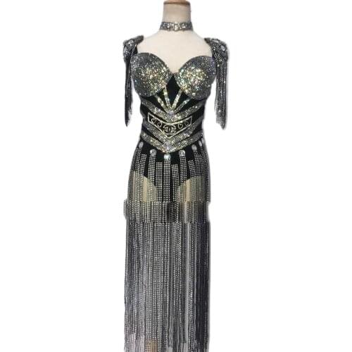 Fashion Gray Silver Rhinestones Jumpsuit long Sleeves Stretch Sexy Bodysuit Stage Performance Party Celebrate Nightlcub outfit