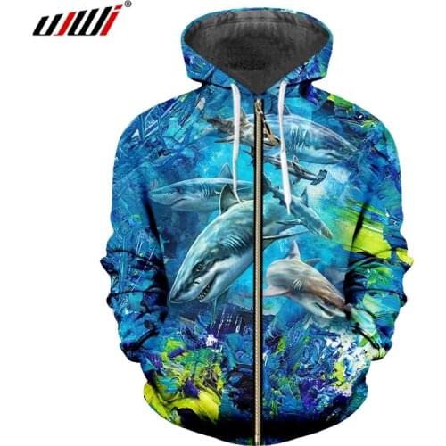 UJWI Harajuku 3D Print Ocean Zipper Hoodies Loose Plus Size Sweatshirts Mens Long Sleeve Paper Shark Hoodie Custom