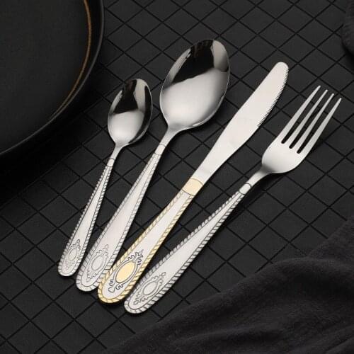 16pcs Upscale Silver Dinnerware Set Carved Handle Stainless Steel Tableware Knife Fork Spoon Flatware Dishwasher Safe Cutlery