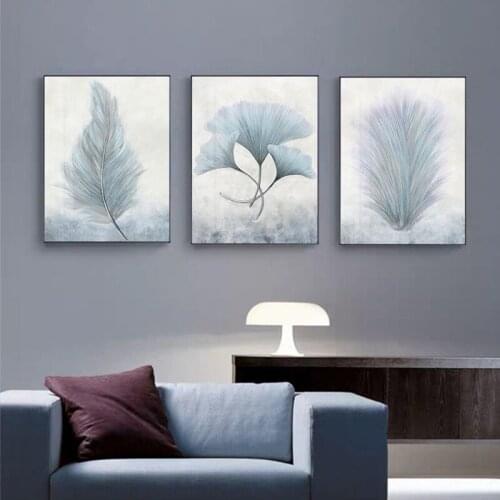 Sky Blue Leaves Art Canvas Wall Art Poster Abstract Nordic White Print Painting Decorative Picture Modern Bedroom Home Decor
