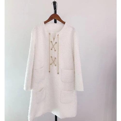 2021 Early Autumn New Metal Chain Three-dimensional Wool Round Neck Long-sleeved Loose Woolen Cloth Dress