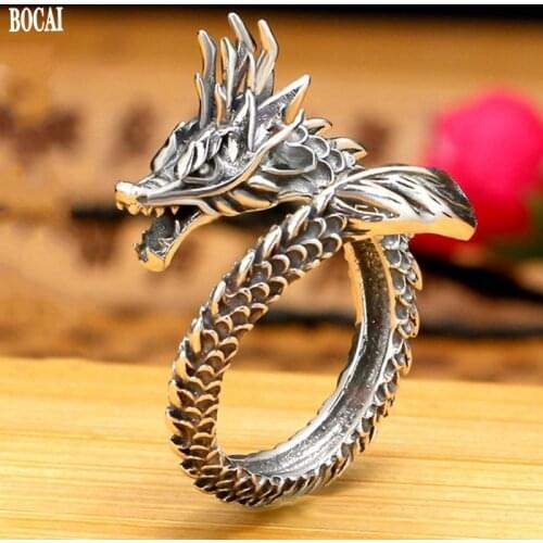 BOCAI New Real S990 Silver Personalized Dragon Ring for Men and Women Retro Domineering Dragon Single Fashion Open Man Ring