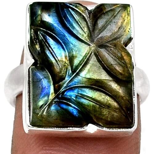 Genuine Carved Labradorite Ring 925 Sterling Silver, USA Size : 7.75, AR4335
