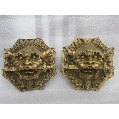 A Pair of Elaborate Chinese Brass feng shui auspicious beast statue knocker , to ward off bad luck