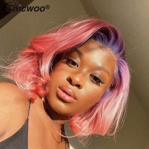Purple Pink Lace Font Wig Human Hair Brazilian Short Bob Human Hair Wigs Straight Ombre Colored Transparent Lace Wigs 180